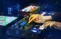 Hand mixing music on midi controller with play music and multimedia concept Royalty Free Stock Photo