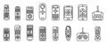 Hand remote control icons set, outline style