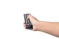 Hand with remote control pointing forward isolated at white background Royalty Free Stock Photo
