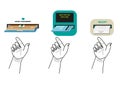 Hand removes money, atm card or official receipt from Automated Teller Machine or ATM.