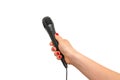 Hand of reporter with black microphone isolated on white Royalty Free Stock Photo
