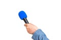 Hand of reporter with blue microphone isolated on white Royalty Free Stock Photo