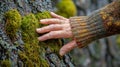 Hand Resting on Moss Covered Tree