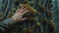 Hand Resting on Moss Covered Tree