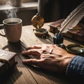 A hand rests on a wooden table surrounded by vintage objects Royalty Free Stock Photo
