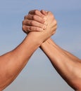 Hand rivalry vs challenge strength comparison. Man hand. Two men arm wrestling. Arms wrestling. Closep up. Friendly Royalty Free Stock Photo