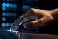 Hand of robot touch. Coding monitor science
