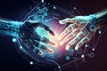 Hand Of robot Touching on big data network connection background, Science and artificial intelligence technology, innovation and Royalty Free Stock Photo