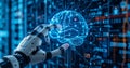 Hand of robot touching on binary data. Futuristic Artificial intelligence Royalty Free Stock Photo