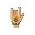 Hand rock with fire tattoo melody sound music line and fill style Royalty Free Stock Photo