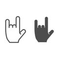 Hand in rock gesture line and glyph icon. Rock and roll sign vector illustration isolated on white. Heavy metal outline Royalty Free Stock Photo