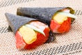 Hand Rolled Temaki Sushi Traditional Japanese Cuisine.