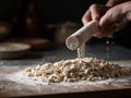 Pasta Making: Hand Rolling Dough with Wooden Rolling Pin, Flour, Close-up