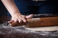 Hand on a rolling pin preparing pizza dough Royalty Free Stock Photo
