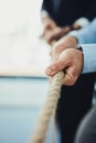 Hand, rope and business people with tug of war game for team building and collaboration, competition and mockup Royalty Free Stock Photo