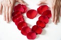 Hand rose petals heart shaped happy valentines day women Royalty Free Stock Photo