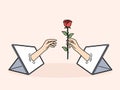 Hand with rose in tablet is metaphor for online relationships and dating using digital gadgets