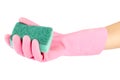 Hand in rubber glove holding a kitchen sponge Royalty Free Stock Photo