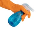 hand in rubber glove holds cleaning spray bottle Royalty Free Stock Photo