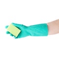Hand in rubber latex glove holding kitchen sponge over white isolated background Royalty Free Stock Photo
