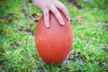 Hand on rugby ball Royalty Free Stock Photo