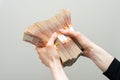 Hand with russian roubles bills on white background Royalty Free Stock Photo