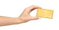 Hand with salty cracker, crispy appetizer, rectangle shape cookie. Isolated