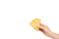 Hand with salty cracker, crispy appetizer, rectangle shape cookie. Isolated