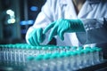 Hand with Sanitary Gloves Inspecting Medical Vials on the Production Line at a Pharmaceutical Factory. created with Generative AI Royalty Free Stock Photo