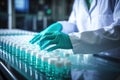 Hand with Sanitary Gloves Inspecting Medical Vials on the Production Line at a Pharmaceutical Factory. created with Generative AI Royalty Free Stock Photo