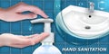 Hand Sanitation illustration. Hand Sanitizer antiseptic gel in bottles with dispenser or antibacterial soap. Banner with womens