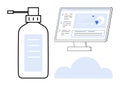 Hand sanitizer bottle alongside a computer screen displaying data analysis above a light cloud shape Royalty Free Stock Photo