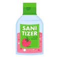 Hand sanitizer bottle with strawberry label. Hygiene product packaging vector illustration. Health protection and germs