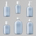 Hand sanitizer bottles. Realistic transparent vial templates, plastic containers mockup with alcohol gel, hygienic