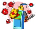 Hand sanitizer character with sword and shield fight coronavirus covid 19