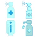 Hand sanitizer container icon set. Washing alcohol gel. Waterless hand cleaner. Hand washing. Contactless automatic soap dispenser