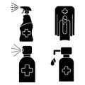 Hand sanitizer container icon set. Washing alcohol gel. Waterless hand cleaner. Hand washing. Contactless automatic soap dispenser