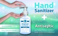 Hand Sanitizer gel ads. Horizontal banner the hand presses on the dispenser. Antiseptic gel in bottles with dispenser. Best