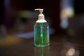 Hand sanitizer gel for hand hygiene on green background, health care concept.corona virus protection. stock photo