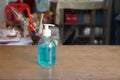 Hand sanitizer gel for hand hygiene corona virus protection placed on the desk in the office.