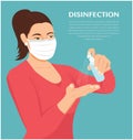 Woman disinfecting hands with wearing a mask Flat Vector illustration. Using antiseptic spray to clean hands and prevent germs. Ap