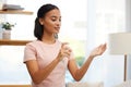 Hand, sanitizer and woman with spray bottle at home for hygiene, protect or antibacterial disinfectant. Cleaning, hands Royalty Free Stock Photo