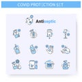 Hand sanitizing line icons set