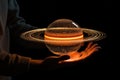 Hand Saturn Hand Holding Saturn Ai Technologyon Black Background Royalty Free Stock Photo