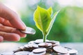 Hand saving a coin to plant growing from piles of money on blurred green natural background Royalty Free Stock Photo