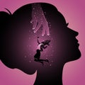 Hand saving Drowning Woman inside the head silhouette