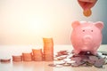 Hand Saving Money concept, Piggy bank with coin