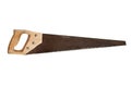 Hand saw on wood isolated on a white background Royalty Free Stock Photo