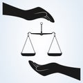 Hand and Scale of Justice Icon Vector. isolated background Royalty Free Stock Photo