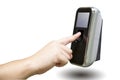 The hand are scanning on fingerprint machine for enter digital security door system in the office building at Bangkok ,Thailand.